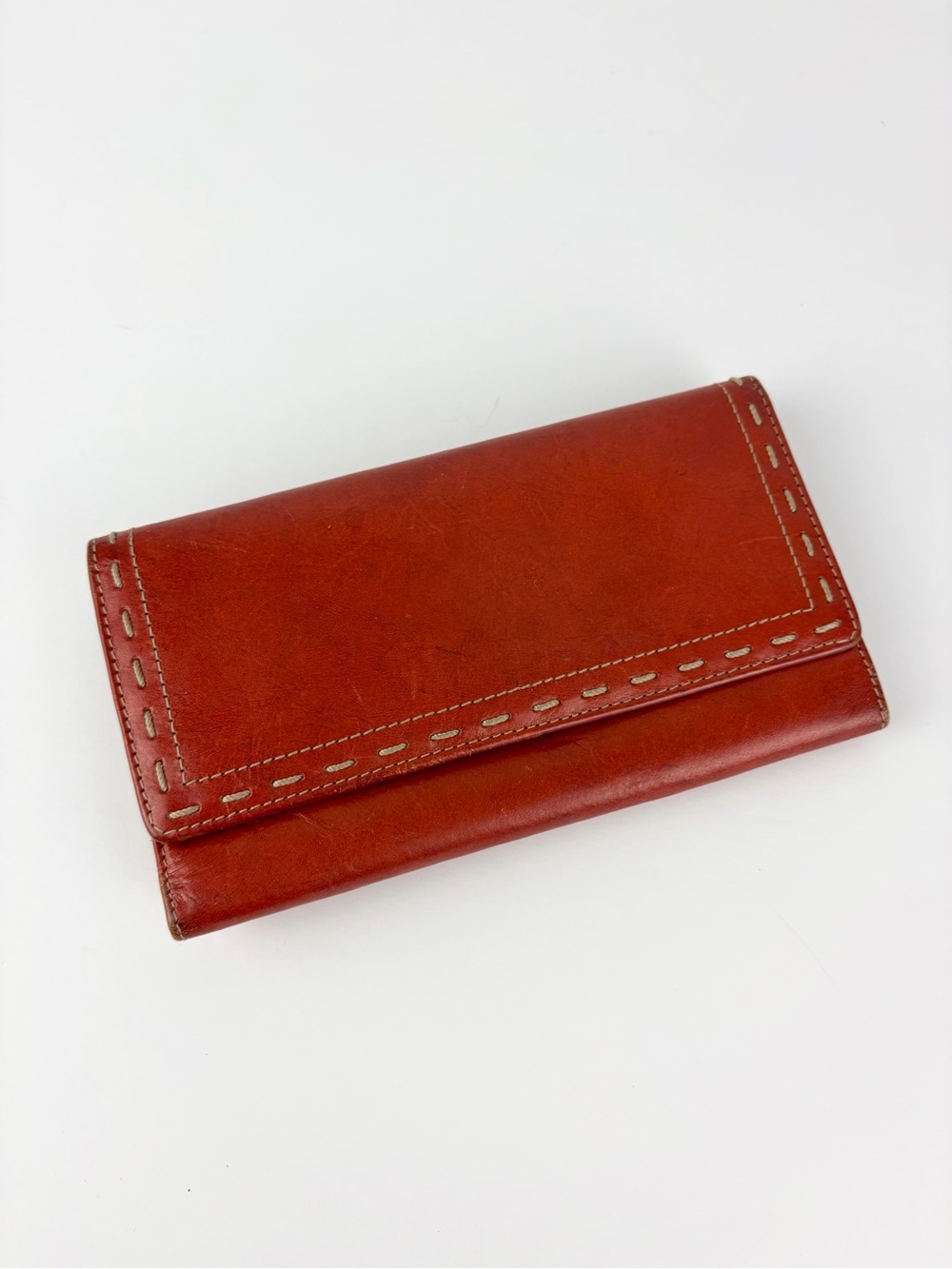 Fossil Red Leather Vintage Trifold Stitch Checkbook Wallet